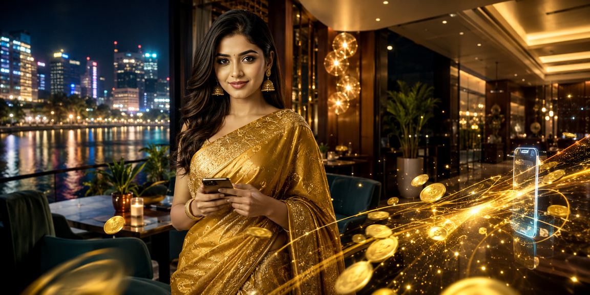 ঢাকায় শাড়ি পরিহিতা তরুণী মোবাইলে ডিপোজিট করে প্ল্যাটফর্মের বিশেষ অফার উপভোগ করছেন